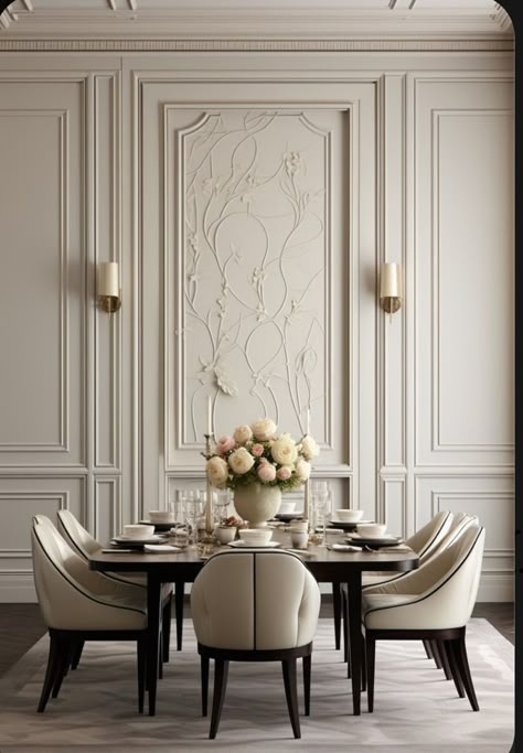 Classical Home Interiors, Dining Back Wall Design, Timeless Elegance Interior Design, Neoclassic Living Room Design, Dining Room Elegant, Dining Wall Ideas, Colors For Dining Room Walls, Luxury Dining Table Design, Elegant Modern Dining Room