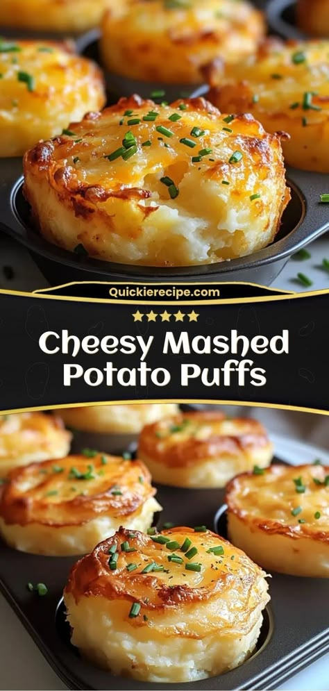 These Cheesy Mashed Potato Puffs are crispy on the outside, fluffy on the inside, and filled with creamy mashed potatoes and melty cheese. Perfect for using up leftovers or as a delicious side dish! Ingredients: 2 cups mashed potatoes 1 cup shredded cheddar cheese 2 eggs, beaten 1/4 cup breadcrumbs A savory, cheesy delight that’s quick to make and always a crowd-pleaser Mashed Potato Puffs, Potato Appetizers, Potato Puffs, Stuff To Cook, Potato Dinner, Cheesy Mashed Potatoes, Cheesy Potato, Leftover Mashed Potatoes, Potato Recipes Side Dishes