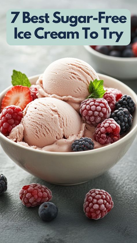 A bowl of creamy, sugar-free ice cream topped with fresh berries, showcasing a delicious, healthy dessert option. Low Sugar Ice Cream, Enlightened Ice Cream, Protein Ice Cream Recipes, Sugar Free Ice Cream, Creami Recipes, Almond Crunch, Dessert Items, Low Carb Ice Cream, Carb Alternatives