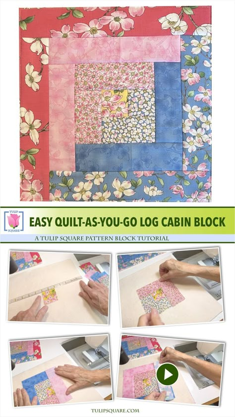 Screen captures from the "Easy Quilt-As-You-Go Log Cabin quilt block" video tutorial by Tulip Square Cabin Quilt Block, Window Quilts, Log Cabin Christmas, Christmas Potholders, Cathedral Window Quilts, Log Cabin Blocks, Diy Quilting, Quilt Pattern Ideas, Log Cabin Quilt Pattern