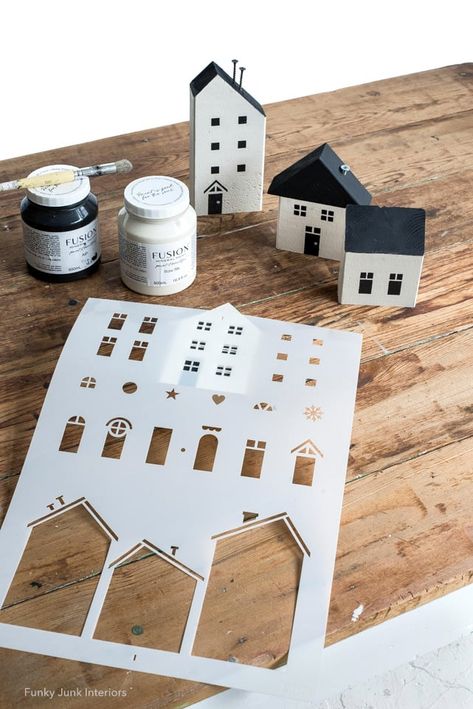 House Christmas Decor, Christmas Tree Stencil, Small Wooden House, Diy Christmas Village, Wood Block Crafts, Unique Holiday Decor, Funky Junk Interiors, Christmas Village Houses, Driftwood Crafts