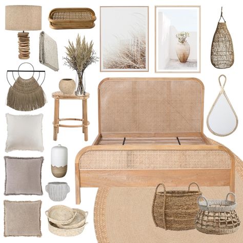 Boho Bedroom Mood Board, Coastal Boho Bedroom, Boho Teen Bedroom, Bedroom Mood Board, Rattan Bedroom, Siding Decor, Scandi Bedroom, Natural Interior Design, Boho Bedroom Furniture