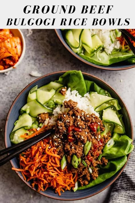 Enjoy the savory flavors of bulgogi any night of the week with this recipe for Ground Beef Bulgogi! Ready in 40 minutes, this is a great weeknight dinner or meal prep recipes. Ground beef gets big flavor from garlic, ginger, gochujang, honey and soy sauce. The Saucy beef is then served over rice with quick pickled cucumbers and charred carrots. Delicious! Ground Beef Bulgogi Recipe, Ground Beef Bulgogi, Bulgogi Bowl, Beef Bulgogi Recipe, Korean Ground Beef, Cooking With Ground Beef, Bulgogi Recipe, Honey And Soy Sauce, Beef Bowls