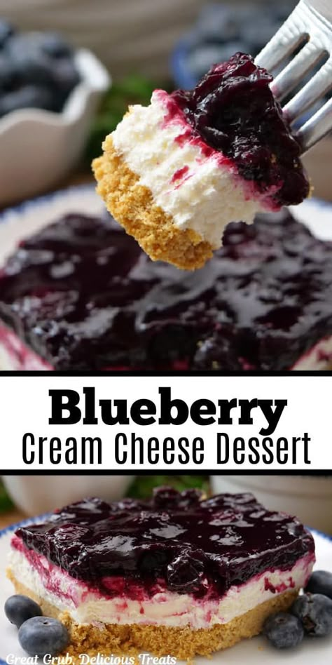 Blueberry Cream Cheese Dessert is a refreshing and delightful, easy to make, blueberry dessert recipe, made with sweet blueberry pie filling, fresh blueberries,, a fluffy and delicious cream cheese mixture all layered on a graham cracker crust. Desserts For Barbecues, Potluck Dishes Dessert, No Bake Cream Cheese Desserts, Blueberry Cream Cheese Dessert, No Bake Blueberry Cheesecake Recipe, No Bake Blueberry Dessert, Company Desserts, Deserts With Cream Cheese, Blueberry Pie Filling Recipes