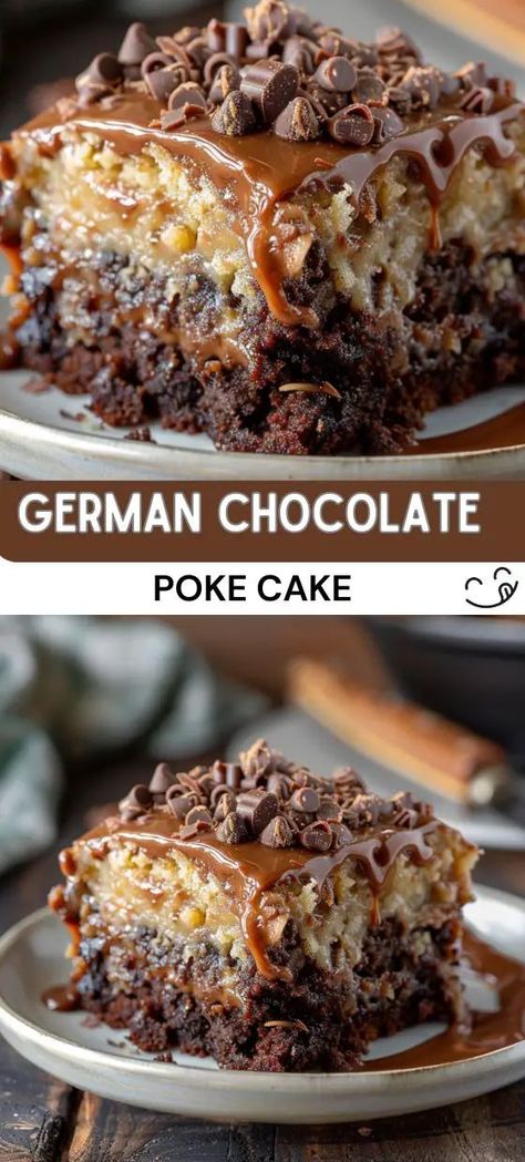 German Chocolate Poke Cake Recipe Cakes Made With Cake Mixes, Chocolate Poke Cake Recipes, Fudge Poke Cake, German Chocolate Poke Cake, Coconut Poke Cake, Poke Cake Recipe, Chocolate Poke Cake, Chocolate Dishes, Bakery Items