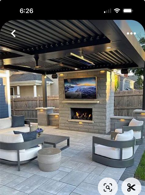 Outdoor Fireplace With Tv And Grill, Outdoor Fireplace With Pergola And Pool, Barndominium Outdoor Fireplace, Covered Deck With Fireplace And Tv, Gas Putdoor Fireplace, Outdoor Covered Patio, Backyard Layout, Outdoor Living Space Design, Outdoor Fireplace Patio