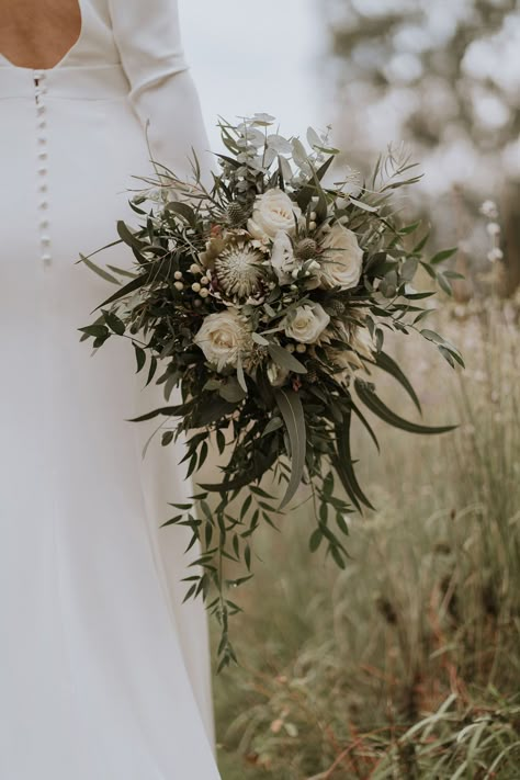 Bouquet With Thistle, Eucalyptus Bridal Bouquet, Green Winter Wedding, Green And White Wedding Flowers, Large Wedding Bouquet, White Modern Wedding, Forest Green Wedding, Creative Floral Design, Middleton Lodge