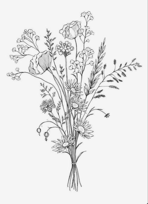 Wildflower Bouquet Line Drawing, Flower Drawing Composition, Wildflower Sketch Drawings, Wildflower Drawing Tattoo, Flower Arrangement Drawing, Wildflower Bouquet Drawing, Flower Drawing Bouquet, Floral Bouquet Drawing, Bouquet Line Drawing