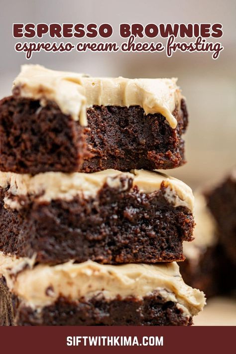 Espresso Brownies with Cream Cheese Frosting Cream Cheese Frosted Brownies, Chocolate Espresso Brownies, Brownies With Cream Cheese Frosting, Cream Cheese Brownie, Brownies With Cream Cheese, Frosted Brownies, Espresso Brownies, Espresso And Cream, Espresso Recipes