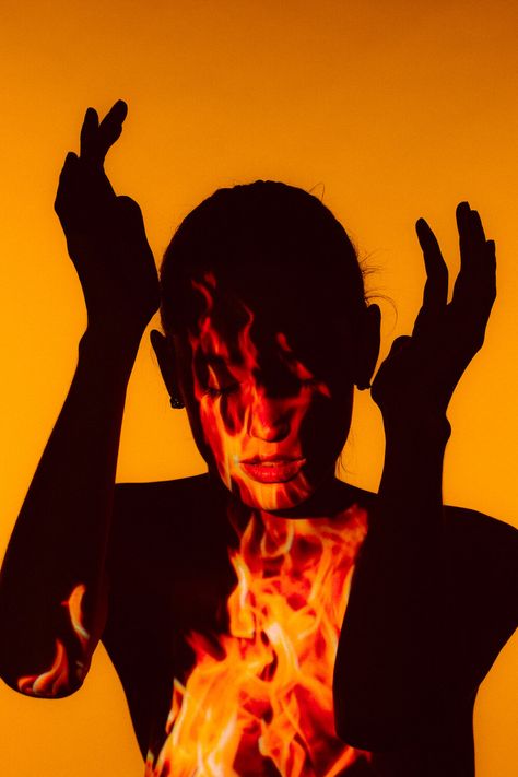 Fire Fashion Editorial, Self Portrait Women, Fire Concept Photography, Fire Inspired Photoshoot, Fire Photography Ideas, Fire Portrait Photography, Photography With Fire, Flame Photoshoot, Person On Fire