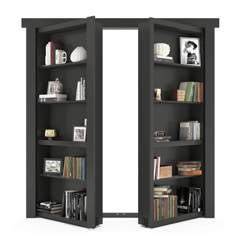 Hidden French Door Bookcase - Murphy Door Secret Room Ideas, Hidden Bookshelf Door, Hidden Door Ideas, Hidden Bookcase, French Doors Bedroom, Bookshelf Door, Murphy Door, Black Bookcase, Bookcase Door