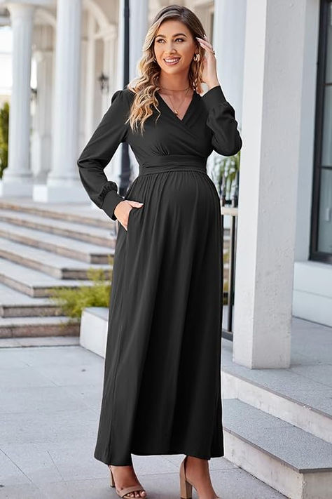 The wrap v neck maxi dress is made of 65%Polyester, 30%Cotton, 5%Spandex which is breathable enough for mom. Suitable for the Fall and Winter season. Casual solid color maternity nursing maxi dress features empire waist, long sleeve, deep v-neckline and smooth look | Affiliate Link Included Dresses For Photoshoot, Chic Maternity Maxi Dress With V-neck, Chiffon V-neck Maxi Dress For Maternity, Nursing Friendly V-neck Maternity Maxi Dress, Bump Friendly V-neck Maternity Dress, Nursing Maxi Dress, Black V-neck Maternity Dress, Pregnancy Dresses, V Neck Maxi Dress