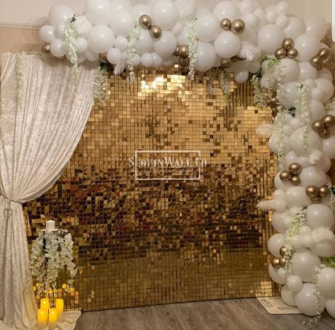 Sequin Walls & Backdrops on Instagram: “A beautiful setup to say their “I Dos”.. with the always and forever collab @heliumhaven. We loved working with our client to create this…” Gold And White Backdrop, Gold Foil Backdrop, Sequin Curtain Backdrop, Event Decorating Business, Gold Shimmer Wall, Gracefully Broken, 40th Birthday Favors, 18th Party Ideas, Ceiling Drapes