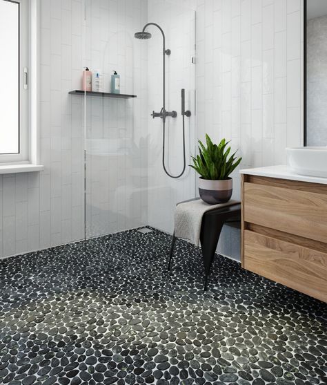 Shop Now Level Pebble - Medan Charcoal Honed Stone Pebble Tile | Island Stone | Creative Tile Tile Island, Pebble Bathroom, Playroom Bathroom, Mosaic Shower Tile, Granite Bathroom Countertops, Tiny Bath, Creative Tile, Shower Floors, Black Granite Countertops