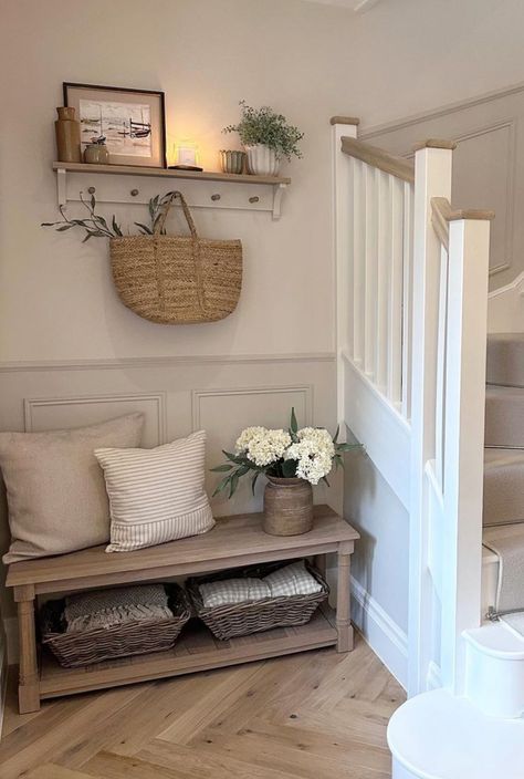 Hallway Nook Ideas, Entry Nook, Entrance Hall Decor, White Hallway, Cornforth White, Porch Interior, Hallway Inspiration, Home Hall Design, Hallway Designs