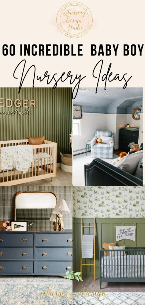 Collegiate Nursery, Modern Art Nursery, Olive Green And Blue Nursery, Sage Green And Navy Nursery, Crib Color Ideas, Nursery Ideas Adventure, Moody Boys Nursery, Boy Crib Ideas, Boy Nursery Vintage Sports