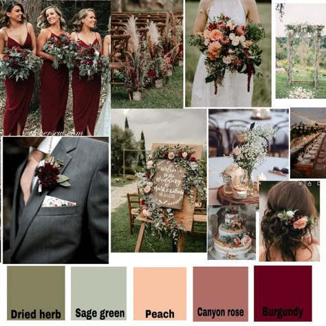 Sage Burgundy Gold Wedding, Sage Maroon Wedding, Sage And Crimson Wedding, Red Peach And Green Wedding, Burgundy And Sage Green Wedding Colors, Peach Burgundy Wedding Color Schemes, Burgundy And Green Color Scheme, Burgundy Hunter Green Wedding, Burgundy Wedding Spring