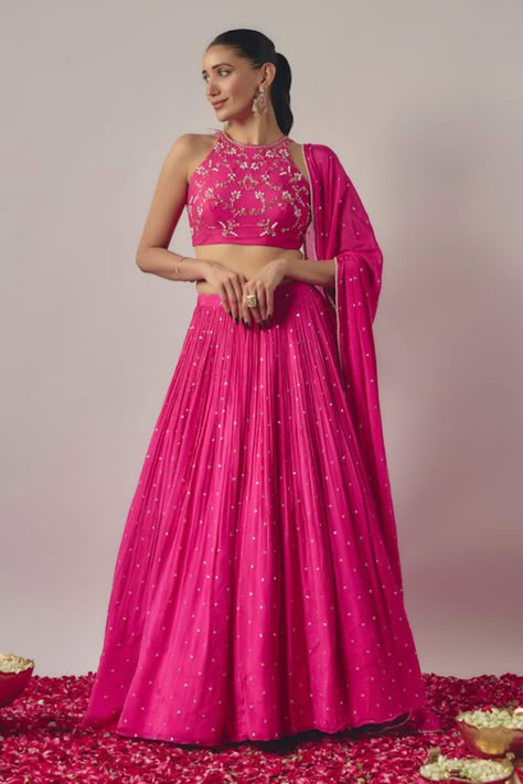 Buy Pink Pure Chinon Lining Butter Bloom Embellished Gathered Flare Lehenga Set For Women by wildflower by krishna Online at Aza Fashions. Halter Neck Blouse Design, Flare Lehenga, Tiered Lehenga, Sleeveless Blouse Designs, Sangeet Outfit, Haldi Outfits, Simple Lehenga, Lehenga Designs Simple, Lehenga Blouse Designs