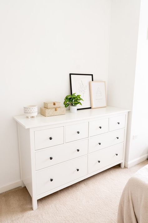 VIV & TIM Drawer Design Bedroom Modern, White Ikea Dresser Bedroom, White Bedroom Drawers, Simple Dressers Bedroom, Dresser 8 Drawer, Ikea Hemnes Dresser Bedroom, Bedroom Inspirations Dressers, White Dressers Bedroom Modern, Cute Dresser Bedroom