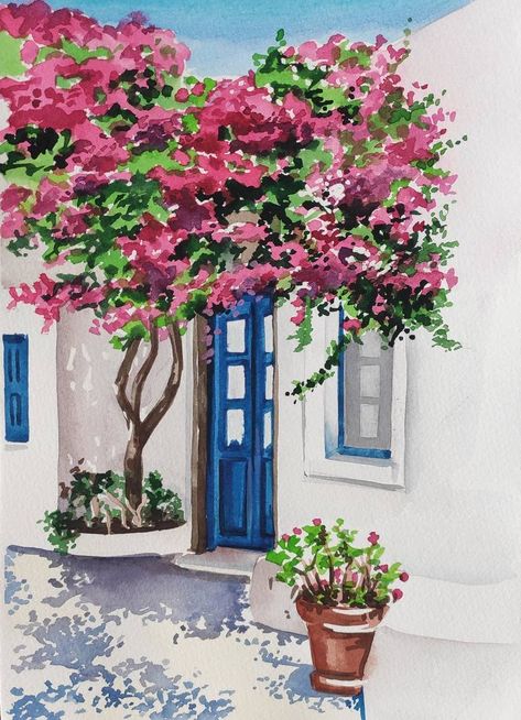 Greece Watercolour Painting, Paintings Of Greece, Greece Landscape Painting, Greece Watercolor Painting, Greece Drawing, Landscape With Flowers, Greece Watercolor, Greek Drawing, Greek Landscape