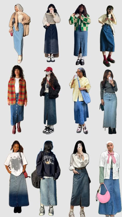 #outfitinspo #inspo #inspiration #fashion #inspoboard #beauty #jeanskirt #jeans #modestfashion Modest Outfits Casual Pants, Jean Skirt Office Outfit, Light Jean Skirt Outfit, Long Skirt Outfits 2024, Streetwear Fashion With Skirt, Long Jean Skirt Fall Outfits, Jeans Skirt Outfit Ideas, Jean Cargo Skirt Outfit, Jean Skirt Long Outfits