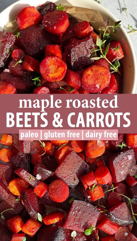 These maple roasted beets and carrots are a healthy dinner side dish packed with flavor. This recipe is made with thinly sliced beets and carrots that are coated in maple syrup and cinnamon, baked in the oven and then topped with flaked salt and fresh thyme. These baked beets and carrot are paleo friendly, gluten free and dairy free. Carrots And Beets Recipe, Beets In Oven Recipe, Slow Cooker Beets And Carrots, Christmas Beets Recipe, Best Beets, Roasted Beets And Carrots With Feta, Beets Carrots Recipe, Maple Roasted Beets And Carrots, Roasted Beets With Lemon-tahini Dressing