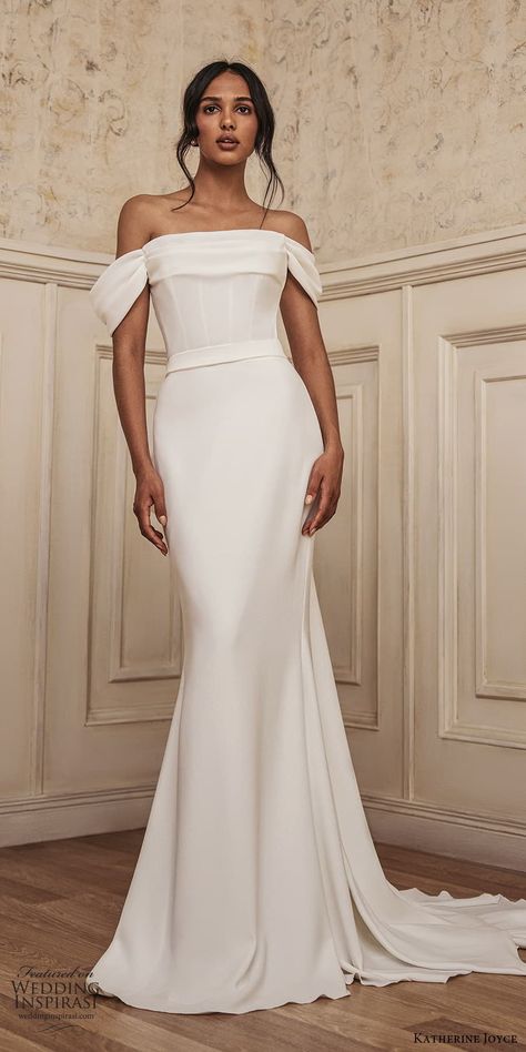 Straight Across Off The Shoulder Wedding Dress, Minimalist Fit And Flare Wedding Dress, Minimalist Wedding Dress Sleeve, Minimalist Bridal Gown, Bridal Off Shoulder, Glam Wedding Dresses, 2023 Wedding Dresses, Modern Bridal Dress, Straight Wedding Dresses