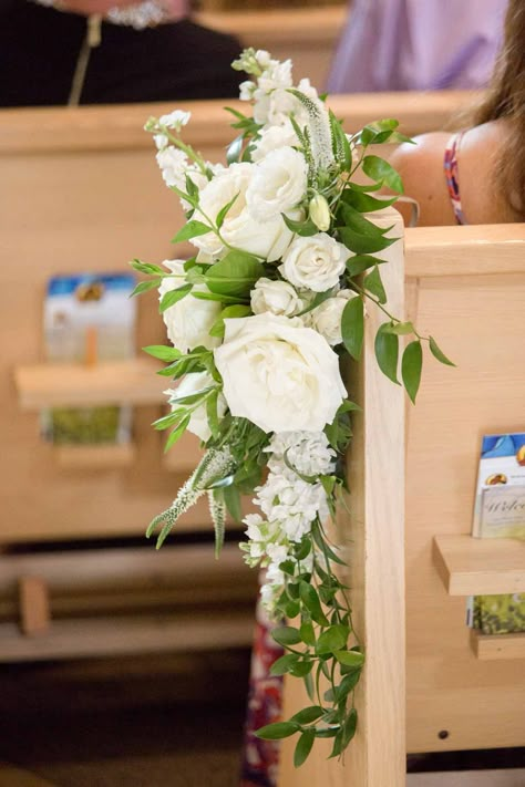 Wedding aisle decor, all white floral and lush greenery for every pew going down the ceremony aisle | FLORA NOVA DESIGN Pew Flowers Wedding Church, Flowers For Pews Wedding, Pew Wedding Flowers, Pew Florals Wedding, Flowers On Pews Wedding, Small Wedding Aisle Decorations, Isle Pew Decorations Wedding, Pew Floral Arrangements, Eucalyptus Wedding Aisle Decor