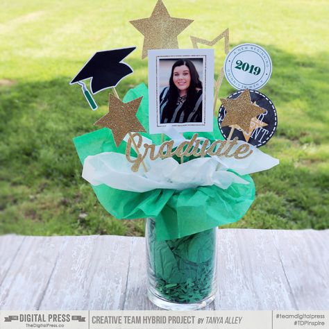 Hybrid How-To | Graduation Centerpiece Graduation Party Centerpieces Diy, Grad Party Centerpieces, Picture Centerpieces, Graduation Leis Diy Ribbons, Graduation Leis Diy, Grad Diy, High School Graduation Party Decorations, Graduation Centerpiece, Outdoor Graduation