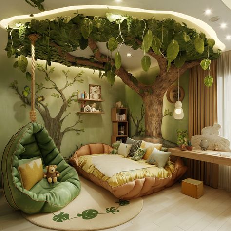 Sylvan Dreams: Waking Up to Nature-Inspired Bedroom Bliss - ArtistryApex.com Forest Playroom Ideas, Forest Themed Bedroom Kids, Bedroom Ideas Forest, Forest Inspired Living Room, Kids Forest Bedroom, Forest Room Ideas, Rainforest Bedroom, Arch Bedroom, Forest Theme Bedroom