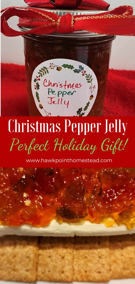 This Christmas Pepper Jelly makes the perfect gift at Christmas. During the holiday season, there are office parties, friend parties, family get-togethers, all usually requiring some kind of small gift.   Everyone will be grateful to receive this wonderful Christmas Pepper Jelly. Also great for teacher and neighbor gifts!  Makes an awesome stocking stuffer! The pepper jelly is so wonderful to serve at any Christmas get-together. Pair it with cream cheese and crackers and no one can resist! Freezer Pepper Jelly, Fruit Pepper Jelly Recipe, Christmas Pepper Jelly, Best Pepper Jelly Recipe, Pepper Jellies, Red Pepper Jelly Recipe, Christmas Pickles, Jalapeno Jelly Recipes, Pepper Jelly Recipe