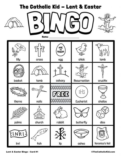 Lent & Easter Bingo Cards - TheCatholicKid.com Easter Bingo Cards, Catholic Easter, Catholic Lent, Easter Bingo, Adventure Bible, Easter Sunday School, Bible Timeline, Jesus Coloring Pages, Bingo For Kids