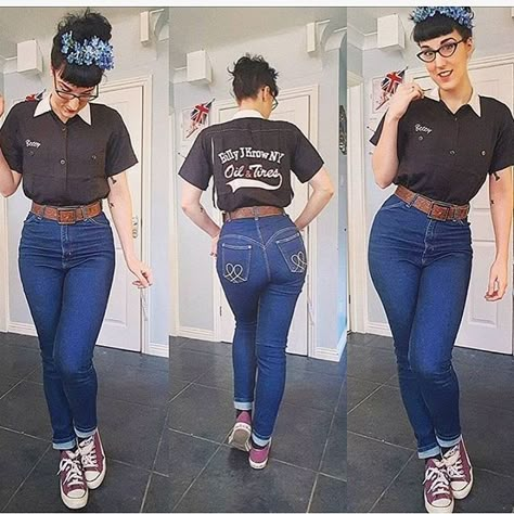 Grease Fashion, 50s Rockabilly Fashion, Rockabilly Jeans, Mode Rockabilly, Saturday Style, Bowling Outfit, Rockabilly Looks, Pinup Photoshoot, Rockabilly Girl