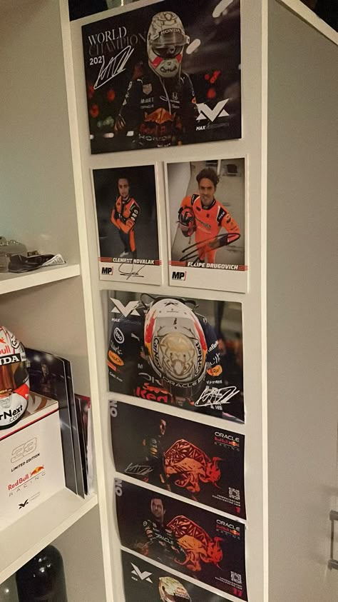 Motorsport Room Ideas, F1 Room Decoration, F1 Shelf, Clement Novalak And Felipe Drugovich, F1 Themed Bedroom, F1 Aesthetic Room, Ferrari Room Decor, F1 House Decor, Formula One Bedroom