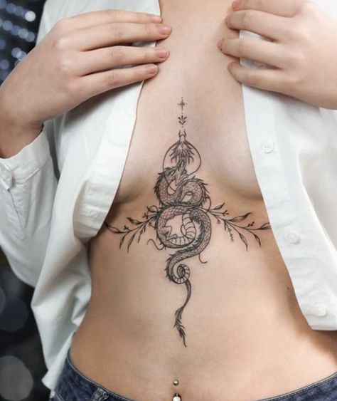 Women Tattoos Underboob, Sternum And Rib Tattoo, Snake Sternum Tattoo Women, Dragon Tattoo Sternum, Japanese Sternum Tattoo, Dragon Sternum Tattoo Women, Snake Chest Tattoo Female, Underboob Dragon Tattoo, Underboob Tattoos For Women Unique