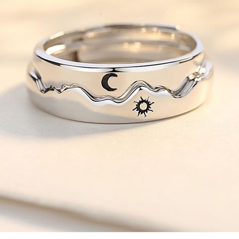 Couple Rings Silver, Moon Couple, Matching Promise Rings, Jewlery Rings, Sister Rings, Sun And Moon Rings, Partner Rings, Sun Ring, Ring Moon