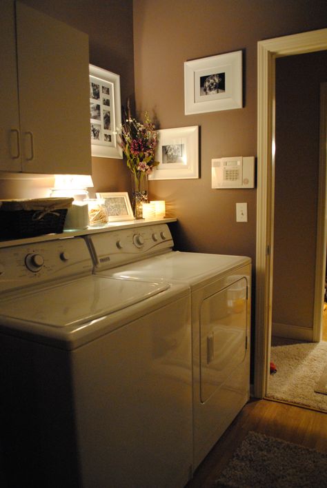 Saw this idea on Pinterest, so I went and added a shelf above our washer and dryer and added all of the other cuteness! Home Laundry, Mud Rooms, Small Laundry, Laundry Room Storage, Laundry Mud Room, Laundry Room Makeover, Laundry Room Ideas, Laundry In Bathroom, Storage Diy