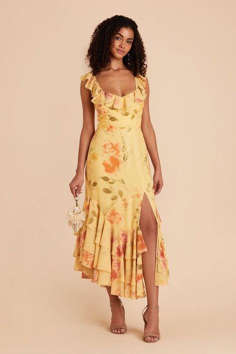 Our Ginny chiffon tea-length bridesmaid dress in Pale Yellow Rococo Floral is the perfect blend of flattering and modern, with ruffling detail. Shop Birdy Grey now. Poofy Floral Dress, Fall Yellow Dress, Cocktail Hour Attire, Yellow And Purple Bridesmaid Dresses, Floral Dresses For Wedding Guest, Bridesmaids Dresses Floral, Summer Wedding Guest Semi Formal, Garden Party Cocktail Dress, Maxi Hoco Dress