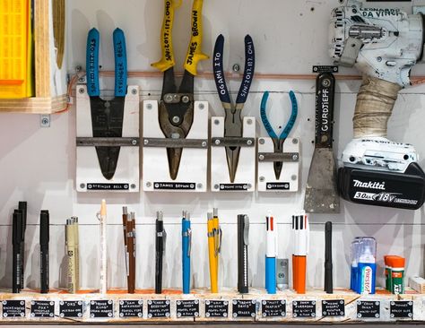 Location: Tom Sachs: Objects of Devotion | Point of References. Tom Sachs Studio, Workshop Aesthetic, Workshop Organisation, Scatter Brain, Gear Room, Tom Sachs, Tool Wall, Casey Neistat, Isamu Noguchi