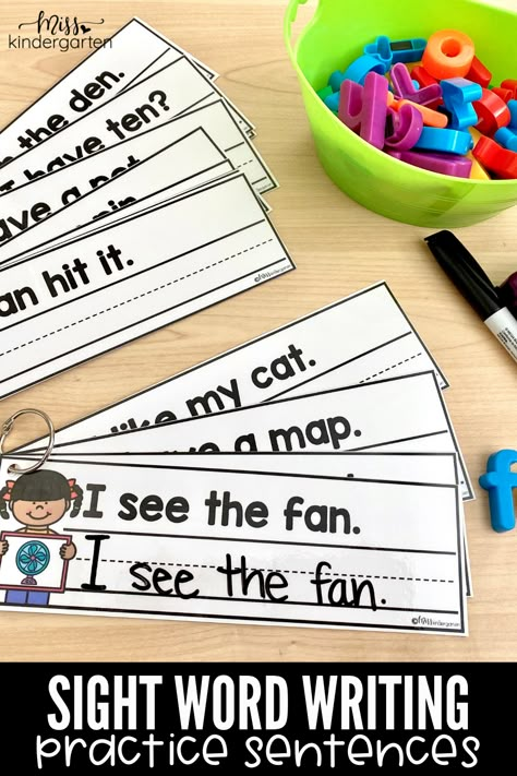 Sight Word Writing Practice, Sentences Kindergarten, Kindergarten Writing Activities, Writing Sight Words, Word Reading, Sight Word Centers, Preschool Sight Words, Sight Word Sentences, Writing Station