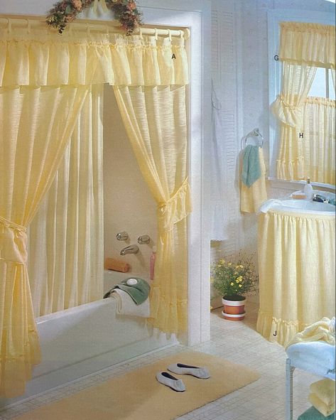 Yellow bathroom coordinates, ruffled yellow sink skirt, shower curtains, valance and curtain 90s Shower Curtain, Italian Shower Curtain, 1950s Curtains, Vintage Yellow Bathroom, Ruffled Shower Curtain, Scene Reference, Shower Curtain With Valance, Wall To Wall Carpet, Sink Skirt