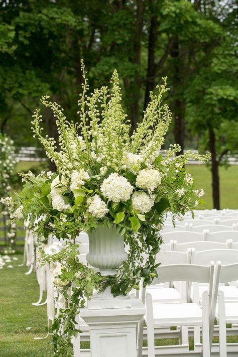 White & Greenery Arrangement on Aisle Potted Hydrangea Wedding, Tented Backyard Wedding, Green Hydrangea Wedding, Tall Arrangements, White Hydrangea Wedding, White Ceremony, Large Arrangement, Urn Arrangements, White Urn