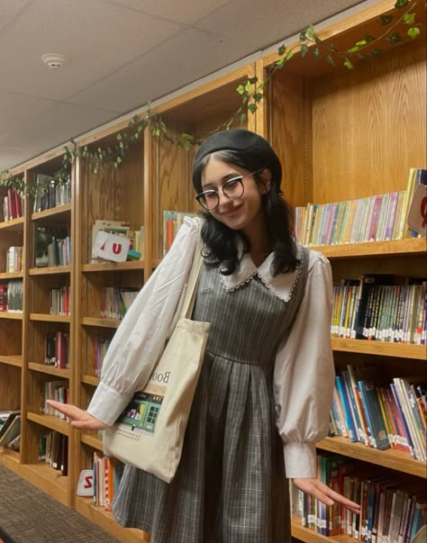 Plaid dress with white button up outfit picture. Posing in a library Colorful Librarian Outfit, Library Worker Outfit, Librarian Clothing Aesthetic, Cool Librarian Outfit, Cute Librarian Aesthetic, Cozy Librarian Outfit, Library Aesthetic Clothes, Bookish Outfits Librarian Chic, Fun Librarian Outfits