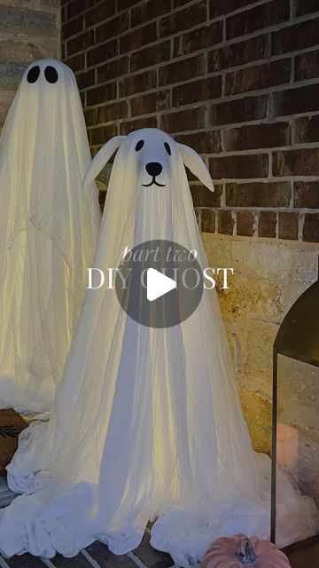 Shelley Westerman on Instagram: "🔗 Comment “ghost” and I’ll send the links to your DMs.

I saved so much money making these three lit ghosts myself ($80 vs. $353), and I love them even more than the originals that inspired them 👻 

The ghost dog is a little more work, but it’s so worth it!  Check out Part 1 where I show you how I made the other ghosts, and share this with your Halloween loving friends!

#halloweendecor #diyhalloweendecor #halloweenchic #ghosts #diyhalloween #halloweenporch #halloweeninspo #halloweenideas #ghostdog
Halloween decor, diy lit ghosts, Halloween porch, Pottery Barn ghosts
#liketkit #LTKHome
@shop.ltk
https://liketk.it/4Q7UV" Sheet Ghost And Pumpkin Head, Halloween Outdoor Ghosts, Ghost Hanging From Tree Diy, Ghost Outdoor Decor, Diy Giant Ghost, Diy Porch Ghosts Outdoor, Diy Dog Ghost, Lawn Ghosts Diy, How To Make Standing Ghosts