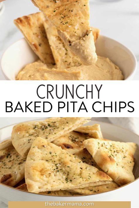 These perfectly seasoned Crunchy Baked Pita Chips have all the crunch you love without any of the frying! Ten minutes in the oven turns fresh pita bread into chips ready to dip in your favorite hummus. Homemade Baked Pita Chips bring all of that crunchy pita chip goodness you love without any of the messy frying. These crispy, delicious chips are perfectly seasoned with garlic, oregano, parsley and a sprinkle of kosher salt. They taste amazing on their own or dipped in creamy hummus. Baked Naan Bread Chips, Pita Chips From Tortillas, Pita Bread For Dipping, Pita Bread Chips Recipes, Diy Pita Chips, Toasted Pita Bread, How To Make Pita Chips From Pita Bread, Home Made Pita Chips, How To Make Pita Chips