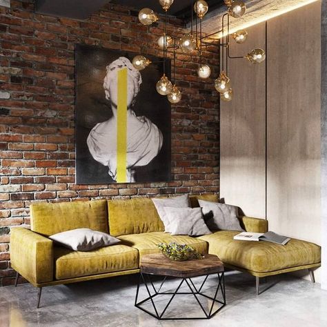 55 Brick Wall Interior Design Ideas | Art and Design Brick Wall Interior Design, Industrial Living Room Design, Room Yellow, Brick Interior Wall, Popular Living Room, Futurisme Retro, Brick Interior, Room Brown, Loft Interior Design