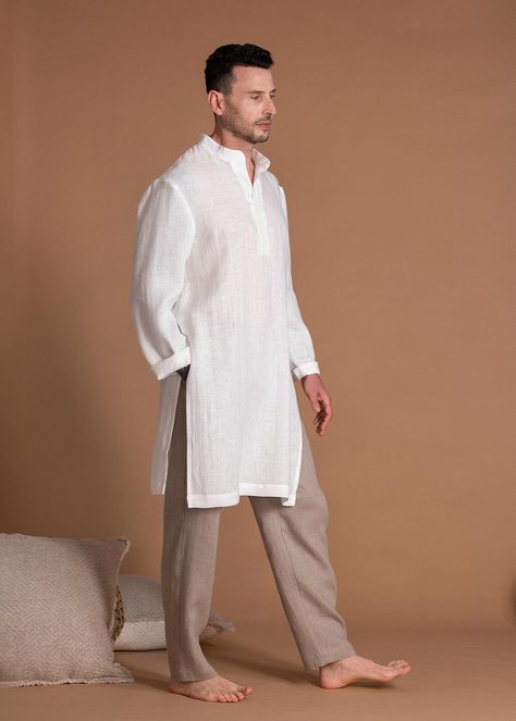 Buy Long Linen Shirt for Men PAVEL With Long Sleeves Flax Linen Clothing for Men Online in India - Etsy Mens Linen Outfits, Long Linen Shirt, Kurta Men, Linen Men, Linen Clothing, Palette Color, Mens Linen, Linen Tunic, Kimono Cardigan