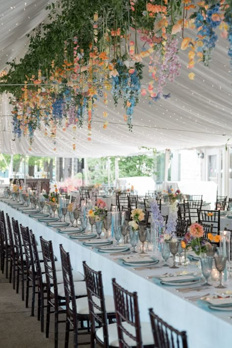 A colorful wedding reception in St. Louis with floating florals and butterflies planned by Calluna Events English Garden Wedding Theme, English Garden Party, Wildflower Wedding Theme, Romantic Wedding Receptions, English Garden Wedding, Garden Wedding Reception, Garden Theme Wedding, Wedding Moodboard, 2025 Wedding