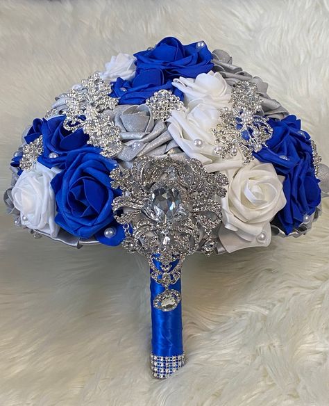 Royal Blue Quinceanera Decorations, Ms Krazie, Royal Blue Bouquet, Wedding Blue And White, Delulu Era, Wedding Cottage, Wedding Broom, Quinceanera Bouquet, Sweet 16 Party Decorations