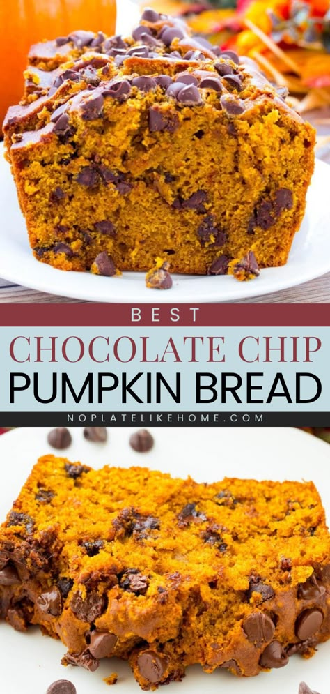 Learn how to make the Best Chocolate Chip Pumpkin Bread! This deliciously baked pumpkin recipe is moist, full of pumpkin spice flavors with melted chocolate chips inside! It's one of the best pumpkin sweets! Pumpkin Chocolate Chip Spice Cake, Brown Butter Chocolate Pumpkin Bread, Great Harvest Pumpkin Chocolate Chip, Brown Butter Chocolate Chip Pumpkin Loaf, White Chocolate Chip Pumpkin Bread, Pumpkin Chocolate Chip Biscotti, Brown Butter Chocolate Chip Pumpkin Bread, Sourdough Discard Pumpkin Chocolate Chip Bread, Dark Chocolate Pumpkin Bread